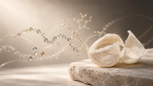 Ivory Bird’s Nests on a stone platform beside an abstract molecular illustration for Good Regimen’s Bird’s Nest skincare science blog.