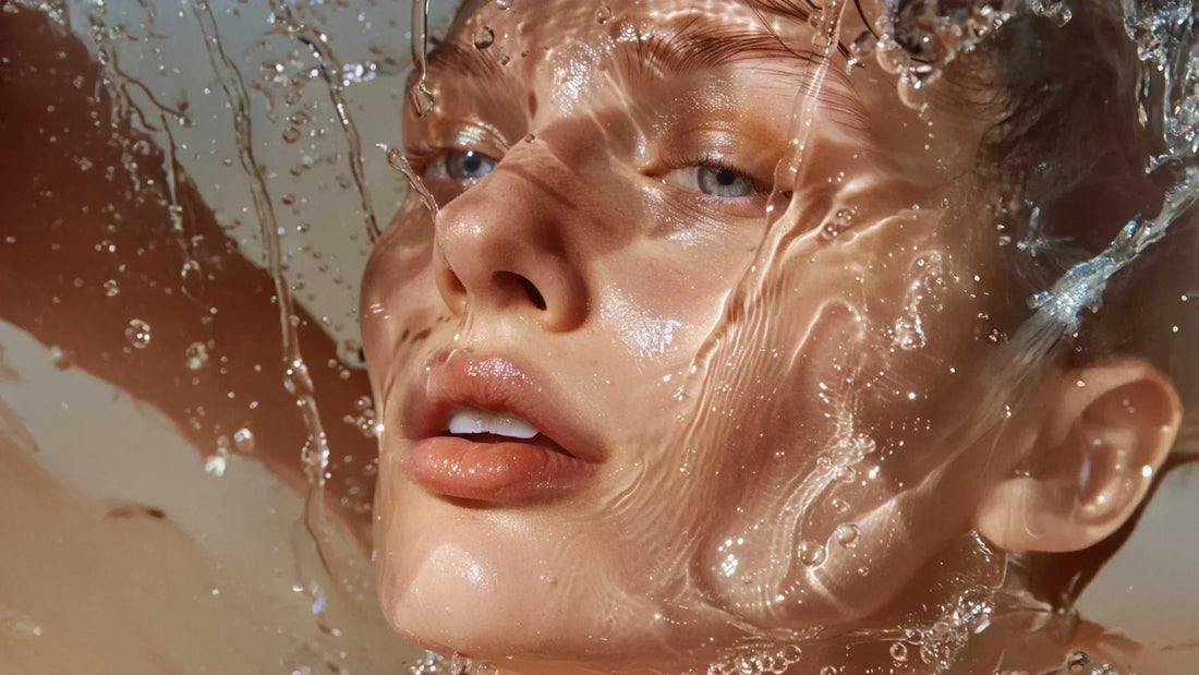 Close-up of hydrated, glowing skin with water splashes highlighting moisture retention, skin barrier support, and radiant healthy-looking complexion.