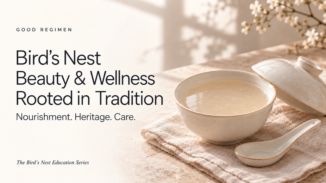 Good Regimen blog cover showing Bird’s Nest soup in an ivory porcelain bowl beside a spoon, with the headline “Bird’s Nest Beauty & Wellness: Rooted in Tradition.”