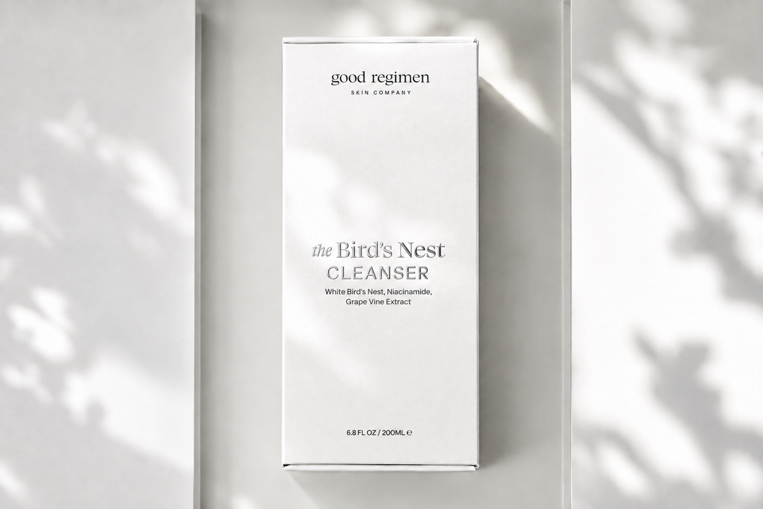 The Bird’s Nest Cleanser by Good Regimen Skin Company in minimalist black-and-white packaging, a gentle daily facial cleanser with White Bird’s Nest, Niacinamide, and Grape Vine Extract designed to cleanse without stripping skin.