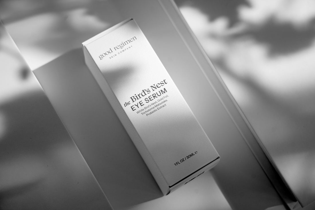 Good Regimen Bird’s Nest Eye Serum product box in a minimalist luxury skincare setting with soft shadows.