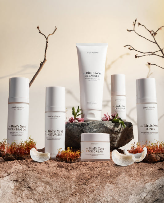 Good Regimen Skin Company Bird’s Nest skincare collection featuring cleansing oil, cleanser, toner, moisturizer, eye serum, and face cream for hydrated, radiant, healthy-looking skin.