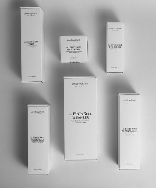 Good Regimen Skin Company Bird’s Nest skincare collection featuring cleanser, cleansing oil, toner, moisturizer, face cream, and eye serum packaging designed for a luxurious skincare routine focused on hydration, skin barrier support, and radiant skin.