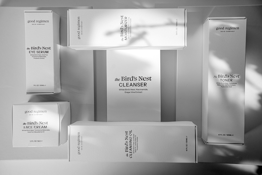 Good Regimen Skin Company Bird’s Nest skincare collection featuring cleanser, cleansing oil, toner, moisturizer, eye serum, and face cream designed to support hydration, skin barrier health, and radiant-looking skin.