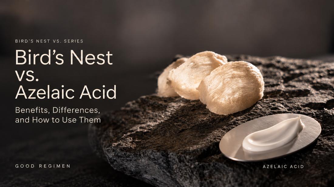 Ivory Bird’s Nests on dark stone beside a cream swatch on a silver palette, with the title “Bird’s Nest vs. Azelaic Acid: Benefits, Differences, and How to Use Them” and Good Regimen branding.
