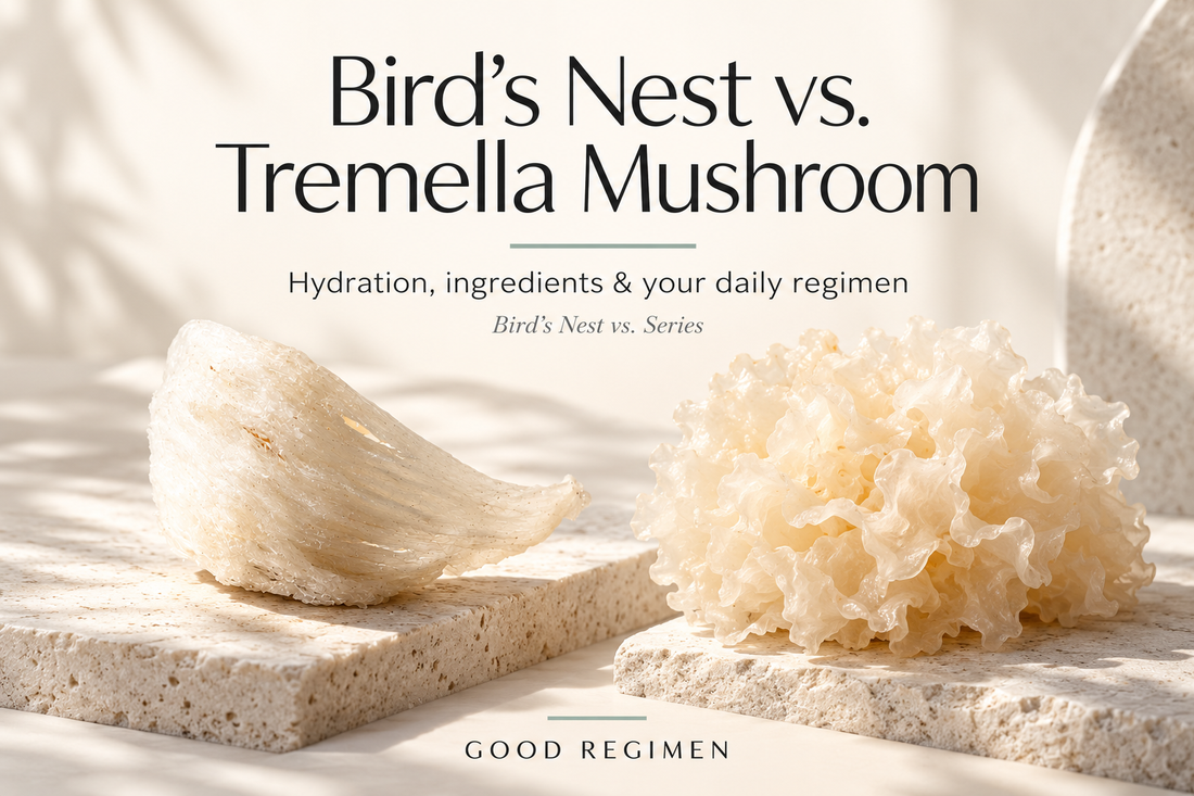 White Bird’s Nest and ruffled Tremella mushroom on ivory stone platforms beneath the title “Bird’s Nest vs. Tremella Mushroom,” by Good Regimen.