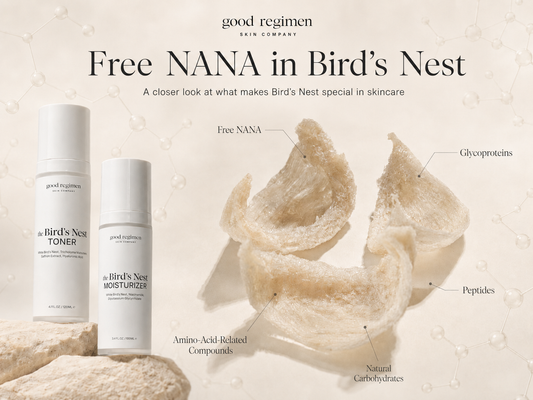 Good Regimen Free NANA in Bird’s Nest skincare blog image featuring Bird’s Nest Toner, Bird’s Nest Moisturizer, real bird’s nest, and a molecular background