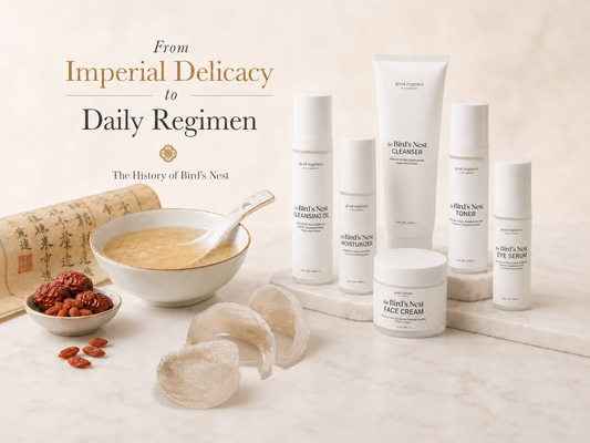 Good Regimen Bird’s Nest skincare collection displayed with traditional bird’s nest sweet soup, edible bird’s nest, red dates, goji berries, and a historical scroll to show the ingredient’s journey from imperial delicacy to modern skincare.