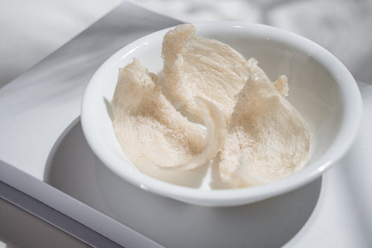 Raw bird’s nest in a white bowl, highlighting the natural skincare ingredient used by Good Regimen to support collagen-rich, youthful-looking skin.