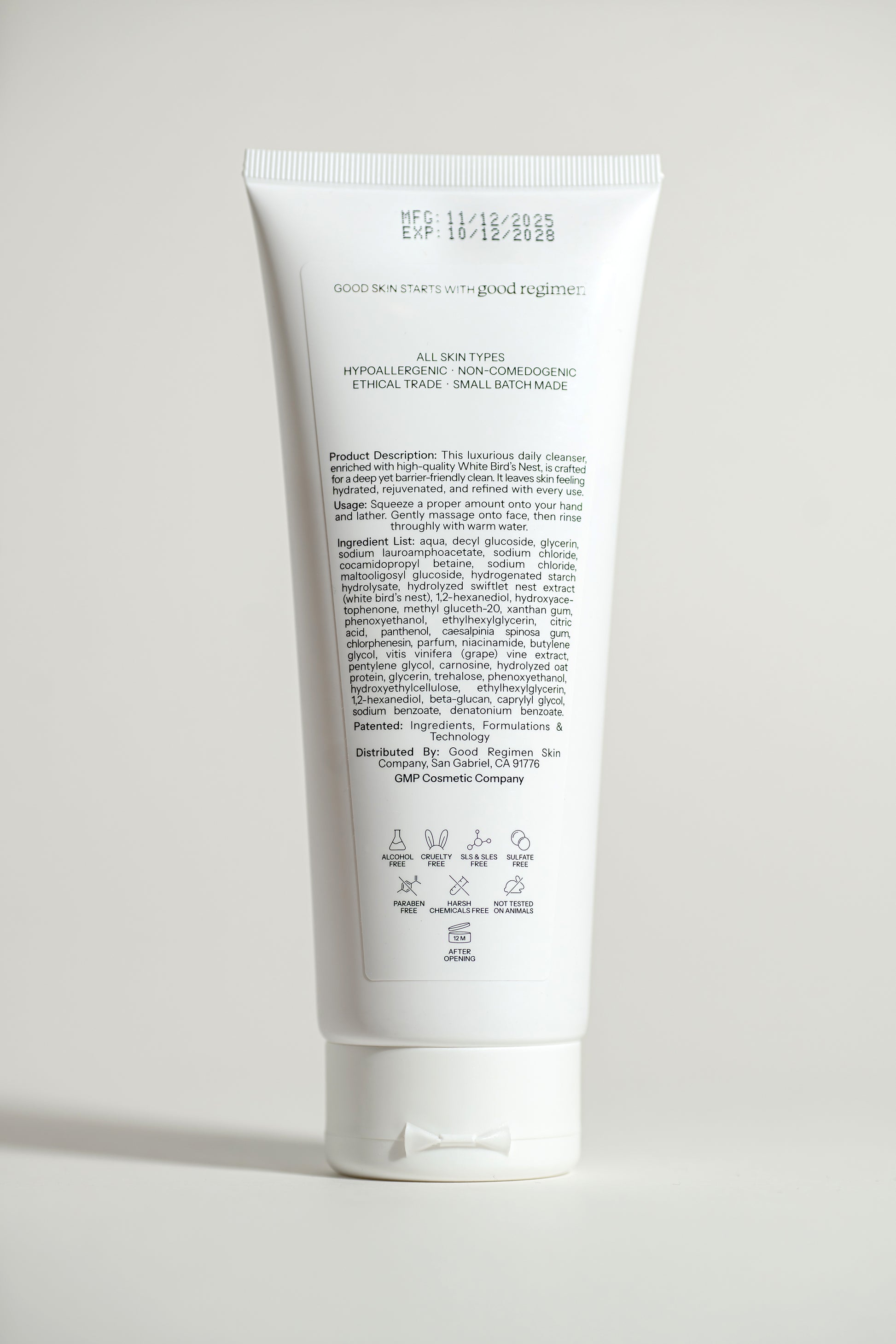 Back label of Good Regimen The Bird’s Nest Cleanser showing product description, usage directions, ingredients, and clean skincare icons.
