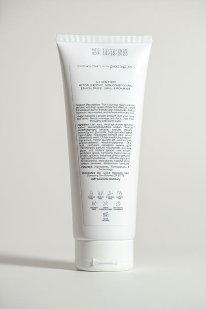 Back label of Good Regimen The Bird’s Nest Cleanser showing product description, usage directions, ingredients, and clean skincare icons.