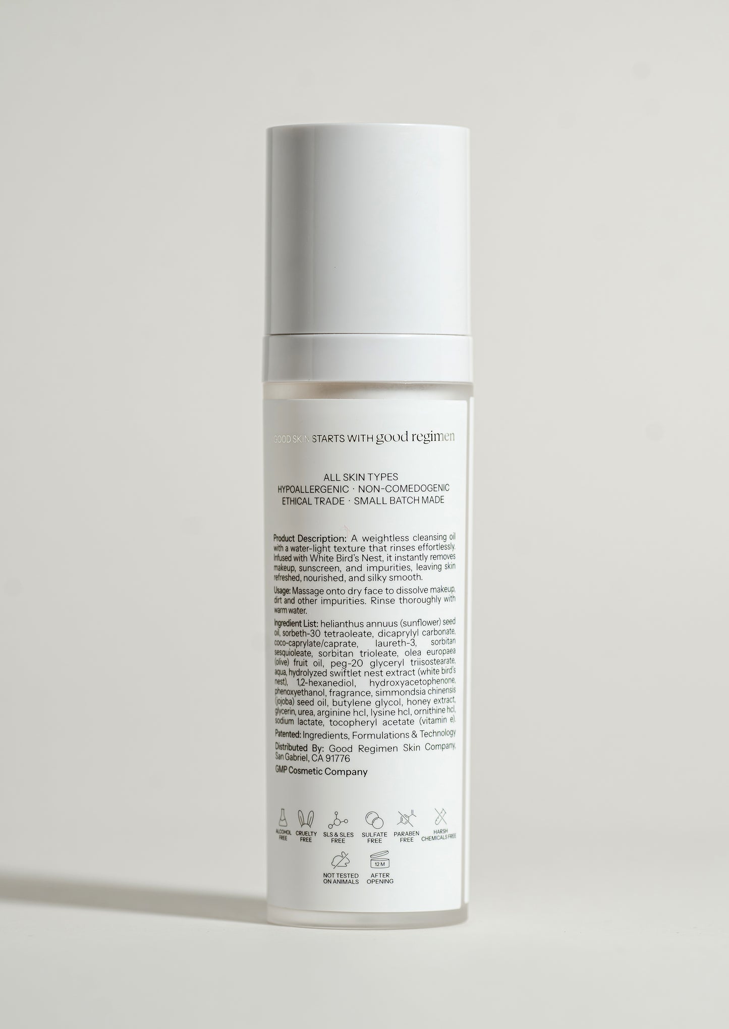 Back label of Good Regimen The Bird’s Nest Cleansing Oil showing product details, usage directions, ingredients, and skincare icons.