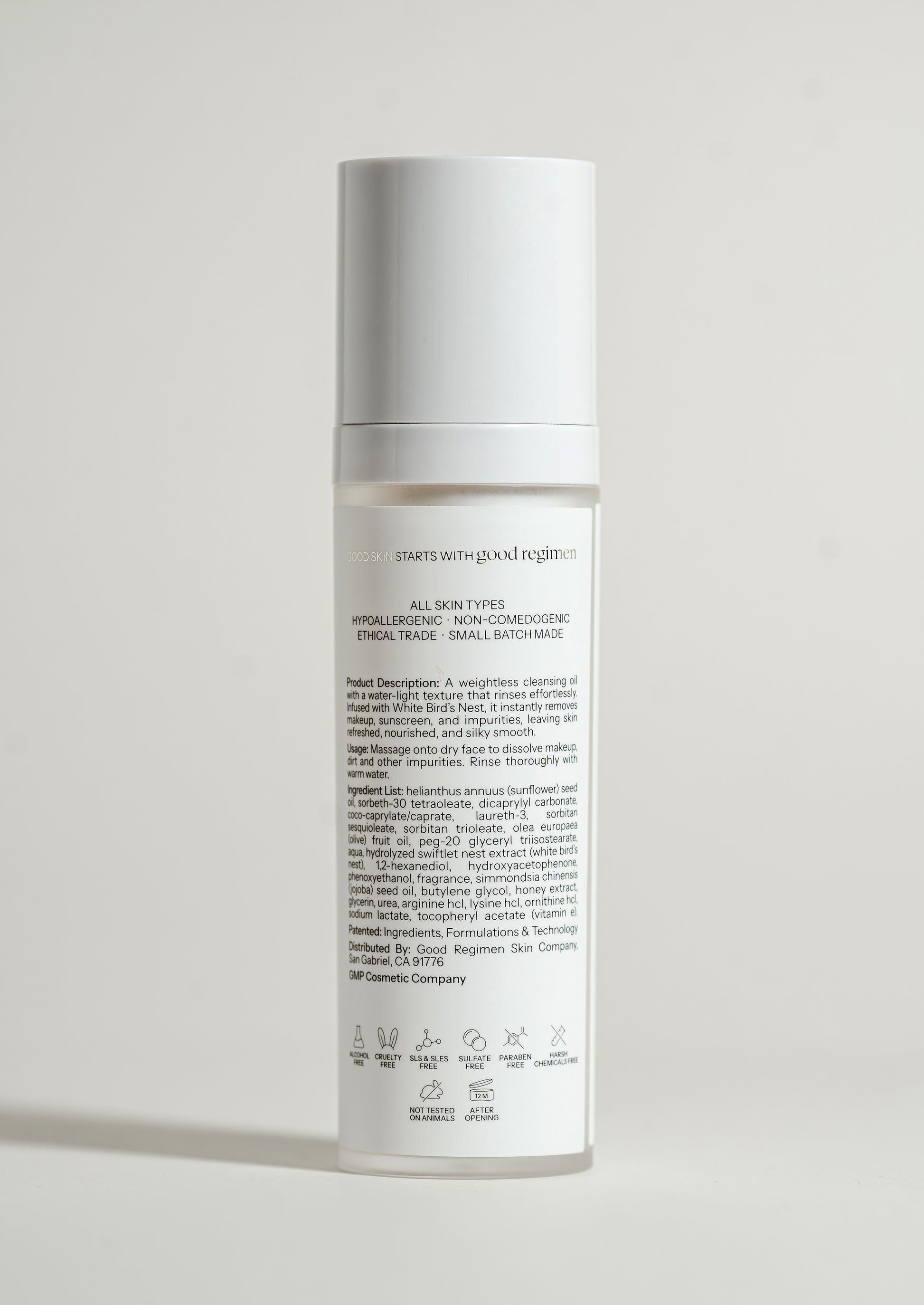 Back label of Good Regimen The Bird’s Nest Cleansing Oil showing product details, usage directions, ingredients, and skincare icons.