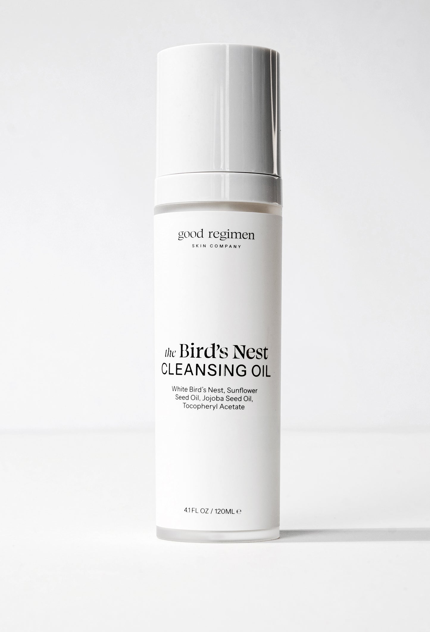 Good Regimen The Bird’s Nest Cleansing Oil bottle formulated with white bird’s nest, sunflower seed oil, jojoba seed oil, and tocopheryl acetate for double cleansing.