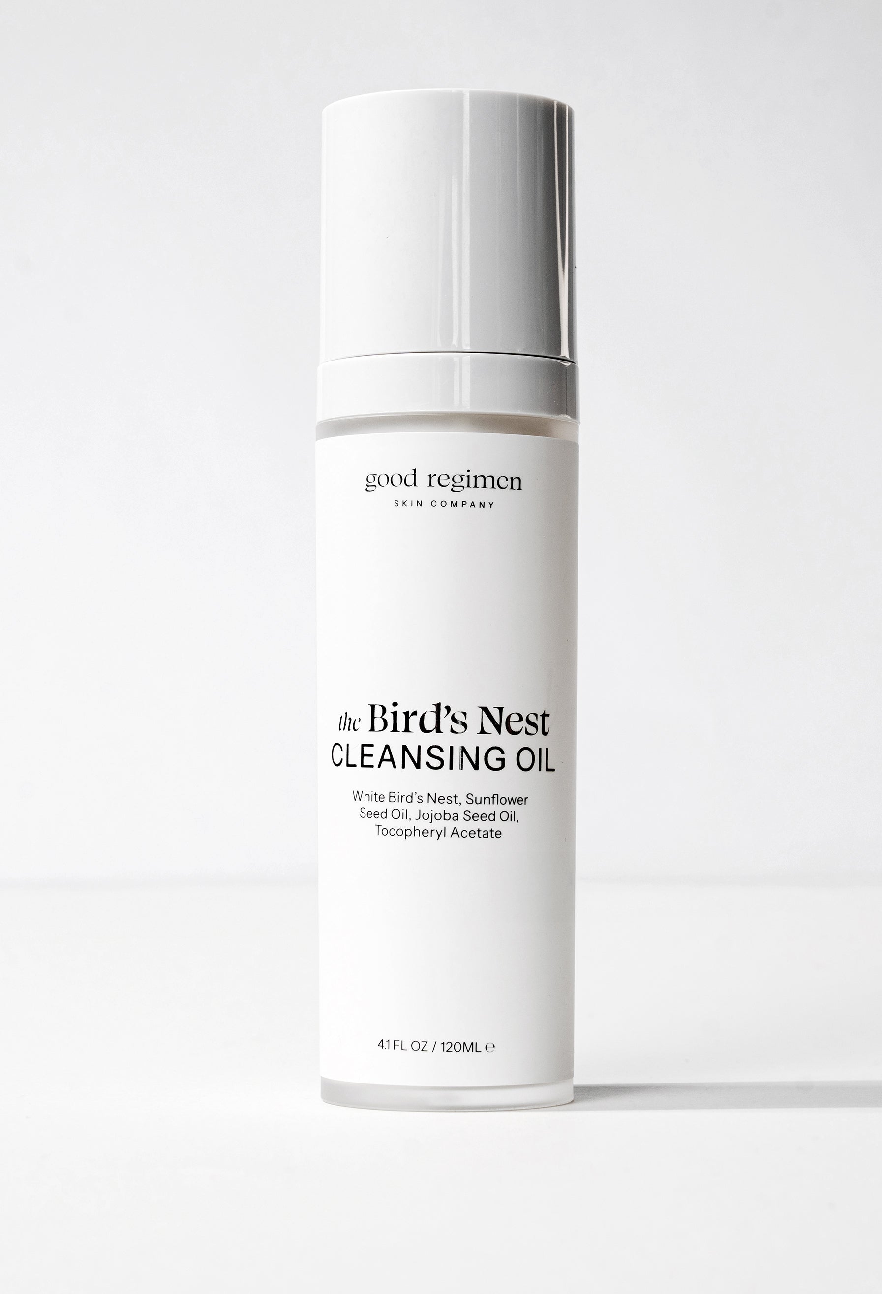 Good Regimen The Bird’s Nest Cleansing Oil bottle formulated with white bird’s nest, sunflower seed oil, jojoba seed oil, and tocopheryl acetate for double cleansing.