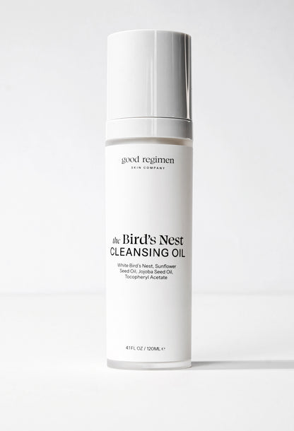 Good Regimen The Bird’s Nest Cleansing Oil bottle formulated with white bird’s nest, sunflower seed oil, jojoba seed oil, and tocopheryl acetate for double cleansing.