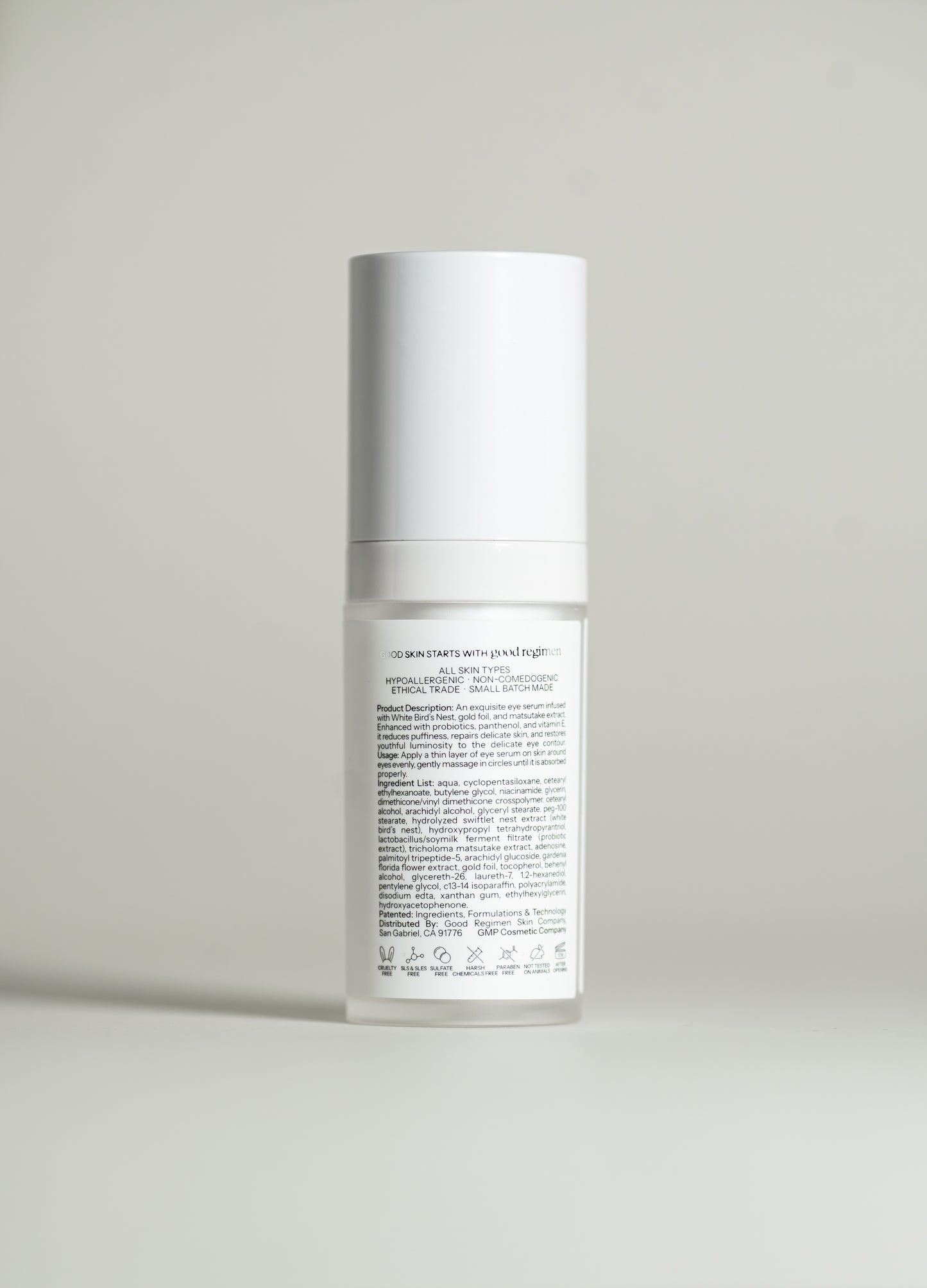Back label of Good Regimen The Bird’s Nest Eye Serum showing product details, usage directions, ingredients, and skincare icons.