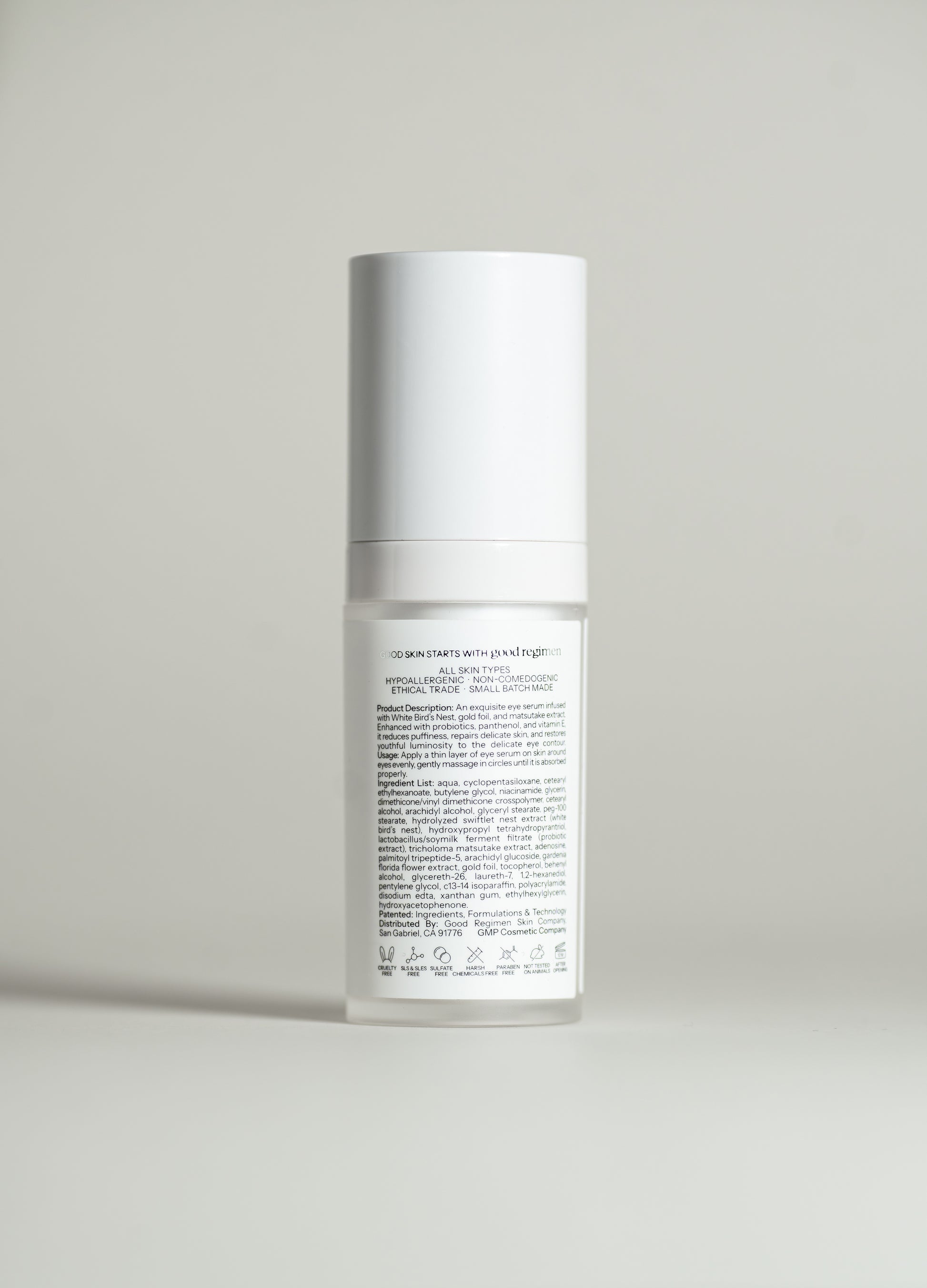 Back label of Good Regimen The Bird’s Nest Eye Serum showing product details, usage directions, ingredients, and skincare icons.