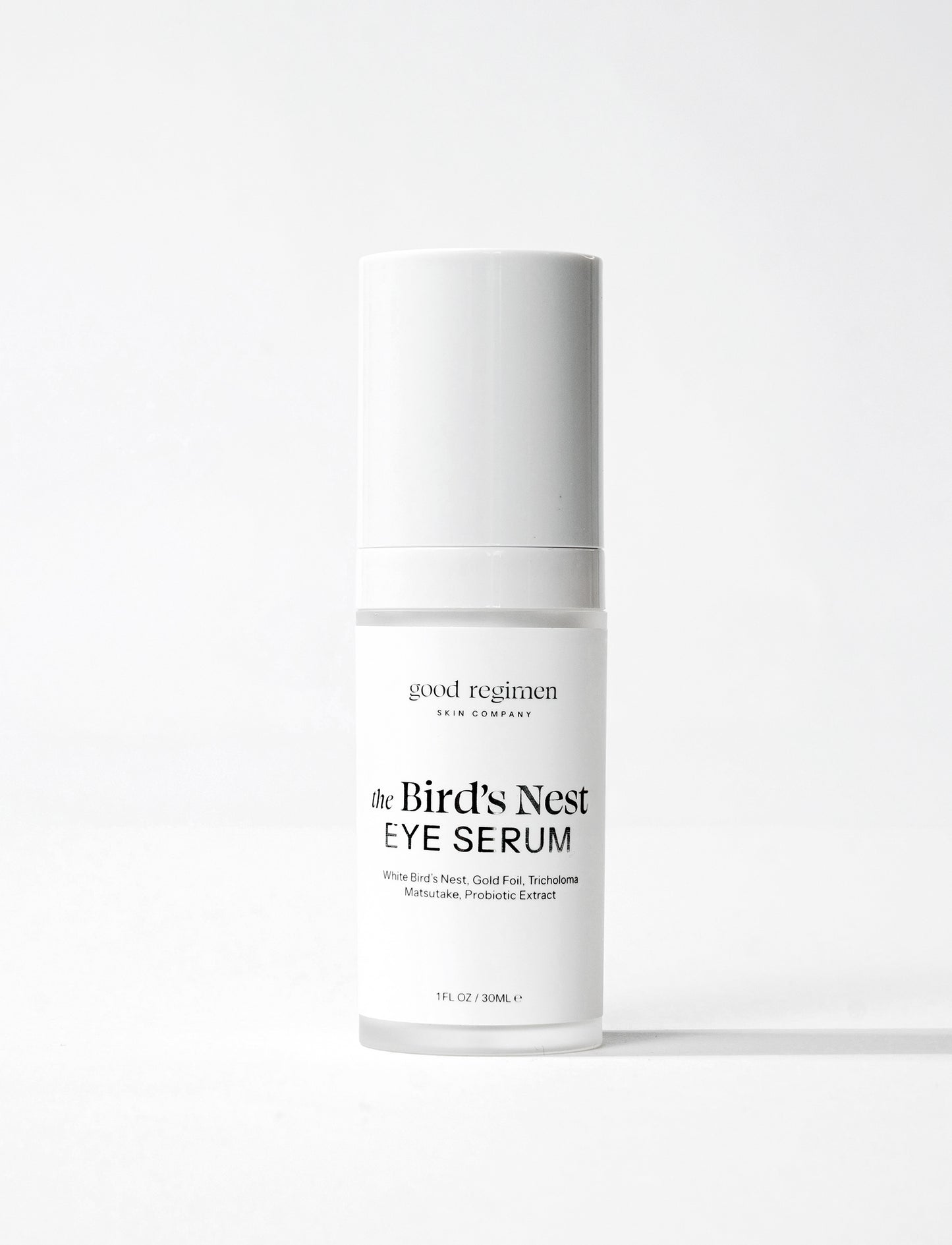 Good Regimen The Bird’s Nest Eye Serum bottle formulated with white bird’s nest, gold foil, tricholoma matsutake, and probiotic extract for hydrating eye care.