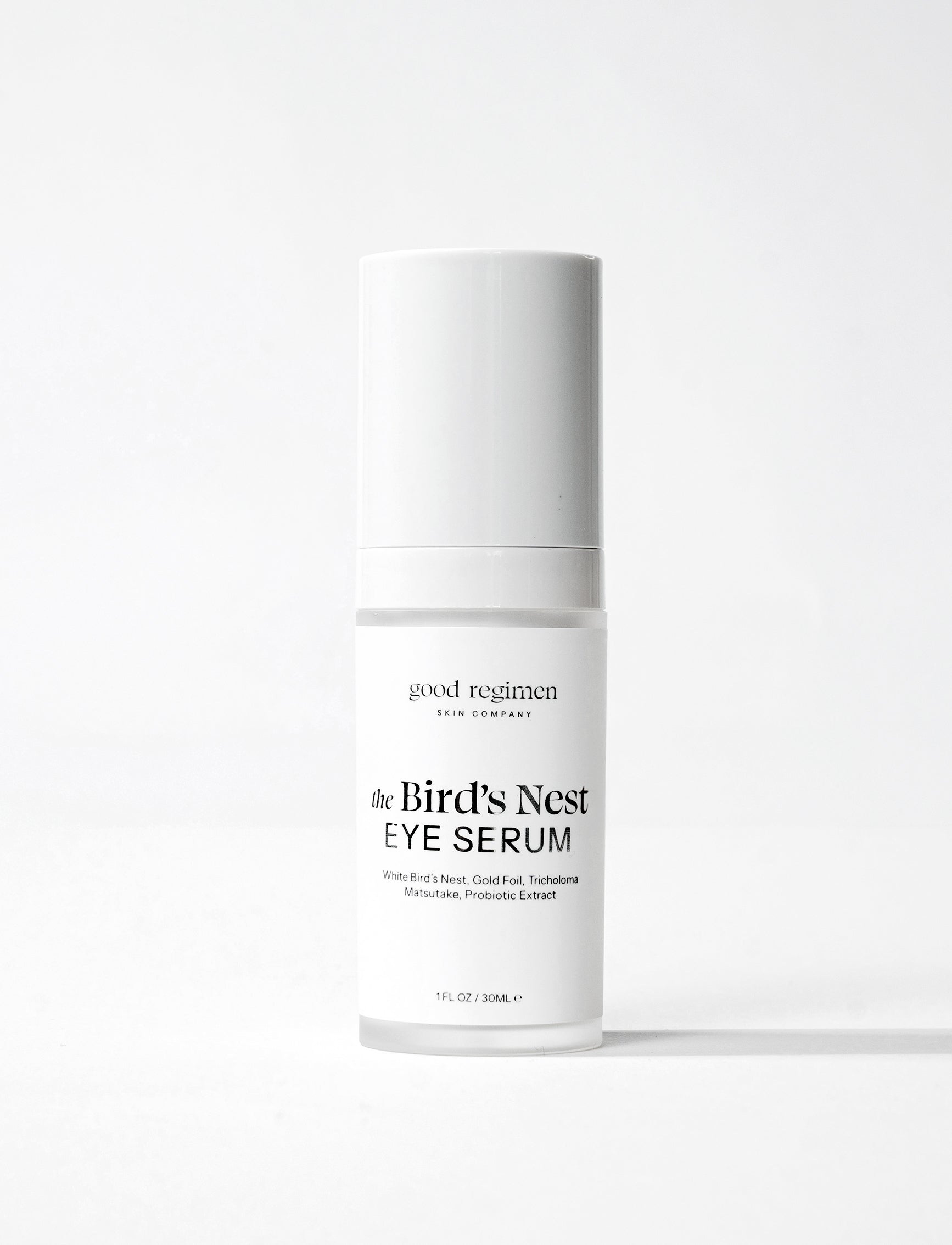 Good Regimen The Bird’s Nest Eye Serum bottle formulated with white bird’s nest, gold foil, tricholoma matsutake, and probiotic extract for hydrating eye care.
