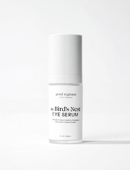Good Regimen The Bird’s Nest Eye Serum bottle formulated with white bird’s nest, gold foil, tricholoma matsutake, and probiotic extract for hydrating eye care.