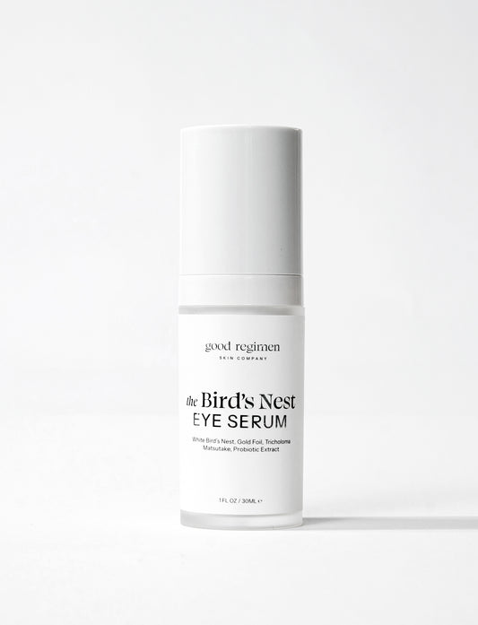 Good Regimen The Bird’s Nest Eye Serum bottle formulated with white bird’s nest, gold foil, tricholoma matsutake, and probiotic extract for hydrating eye care.