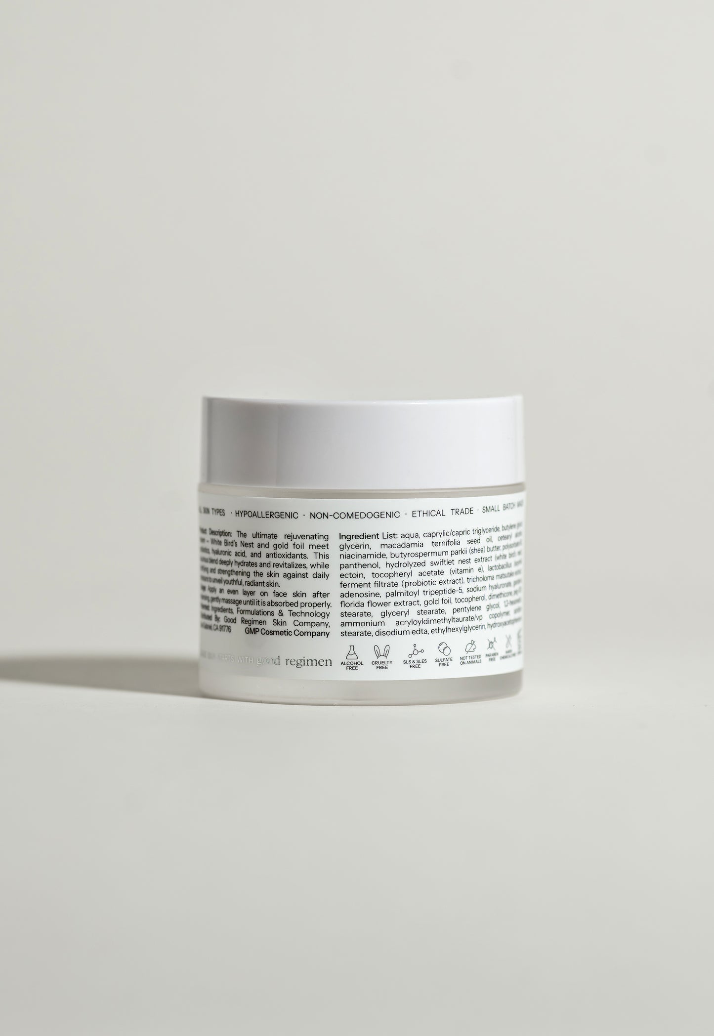 Back label of Good Regimen The Bird’s Nest Face Cream showing ingredients, product details, and skincare icons.