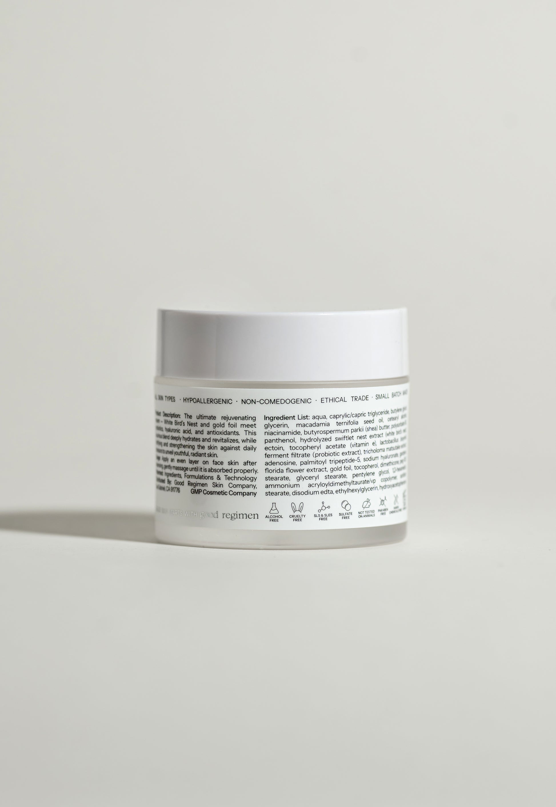 Back label of Good Regimen The Bird’s Nest Face Cream showing ingredients, product details, and skincare icons.