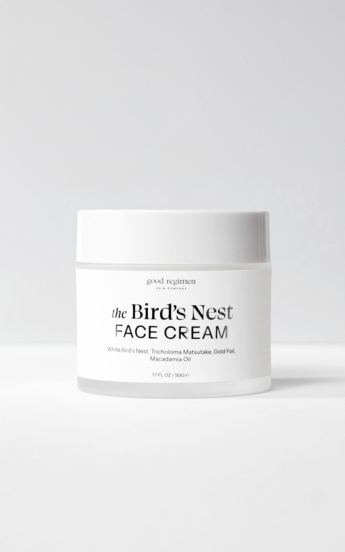 Good Regimen The Bird’s Nest Face Cream jar formulated with white bird’s nest, tricholoma matsutake, gold foil, and macadamia oil for rich hydration.
