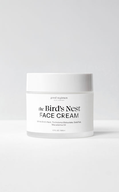 Good Regimen The Bird’s Nest Face Cream jar formulated with white bird’s nest, tricholoma matsutake, gold foil, and macadamia oil for rich hydration.