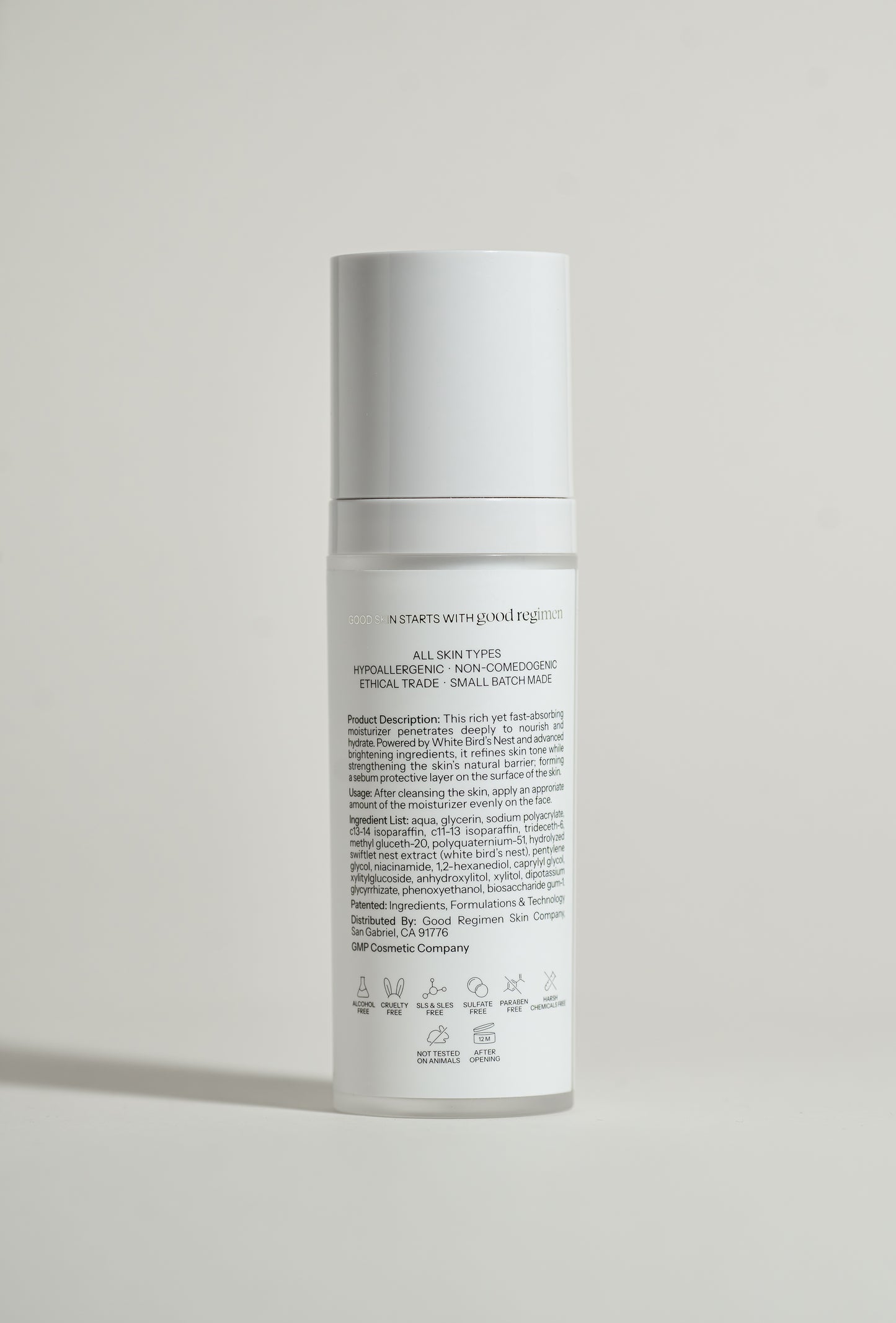 Back label of Good Regimen The Bird’s Nest Moisturizer showing product description, usage directions, ingredients, and skincare icons.
