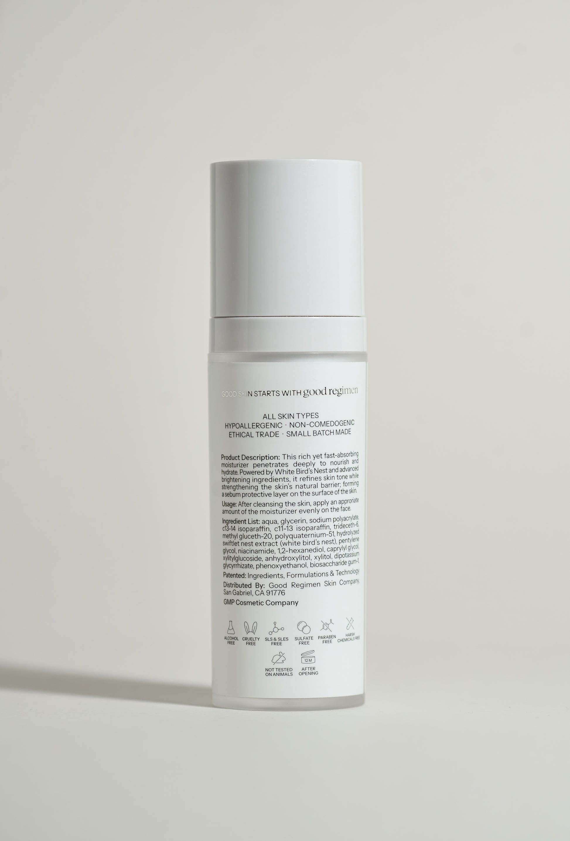 Back label of Good Regimen The Bird’s Nest Moisturizer showing product description, usage directions, ingredients, and skincare icons.
