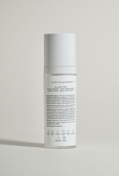 Back label of Good Regimen The Bird’s Nest Moisturizer showing product description, usage directions, ingredients, and skincare icons.