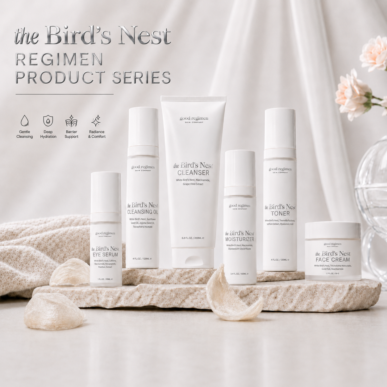 The Bird’s Nest Regimen Product Series by Good Regimen Skin Company featuring the full Bird’s Nest Collection skincare routine with cleansing oil, cleanser, toner, eye serum, moisturizer, and face cream.
