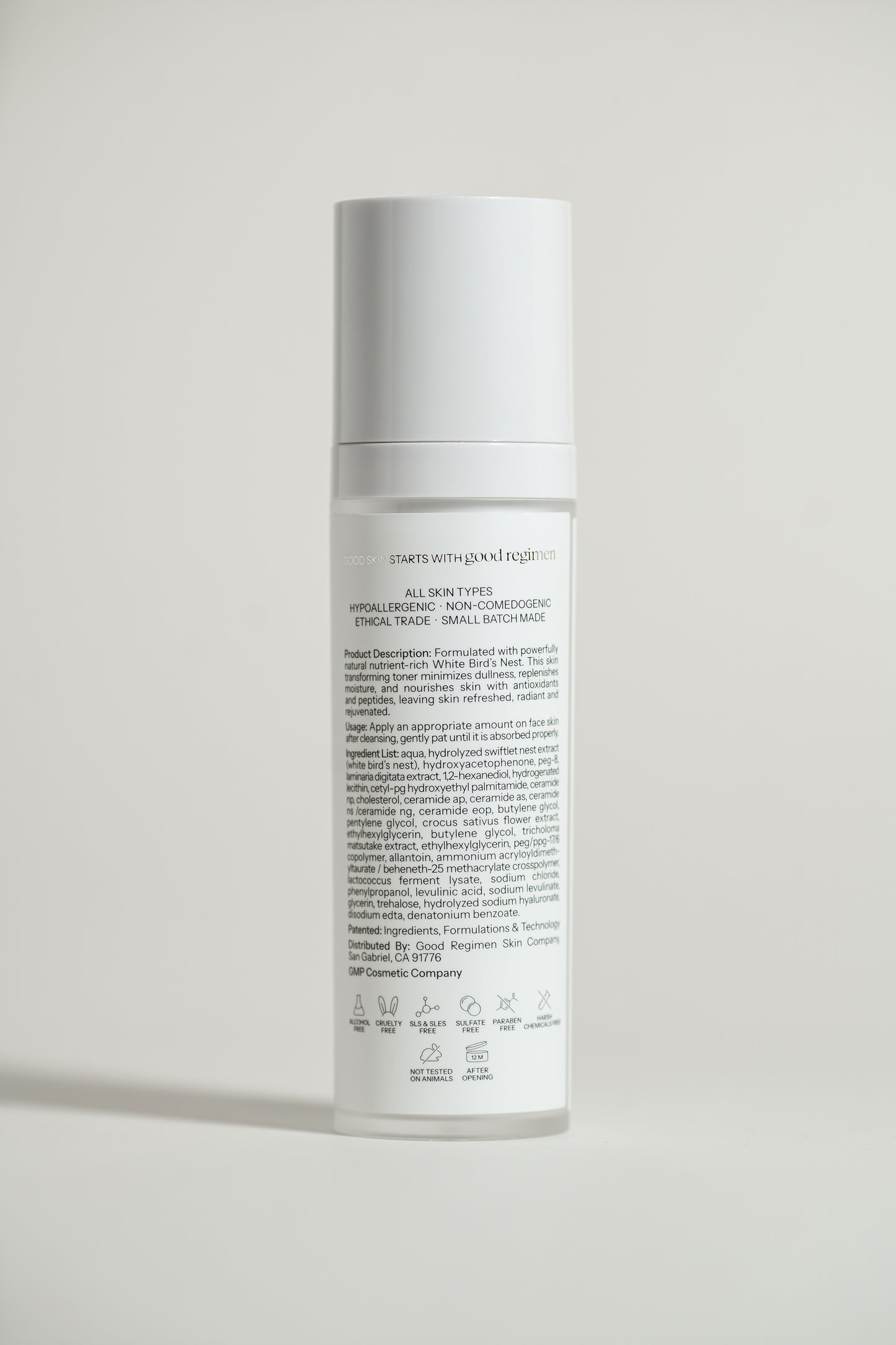 Back label of Good Regimen The Bird’s Nest Toner showing product details, usage directions, ingredients, and skincare icons.