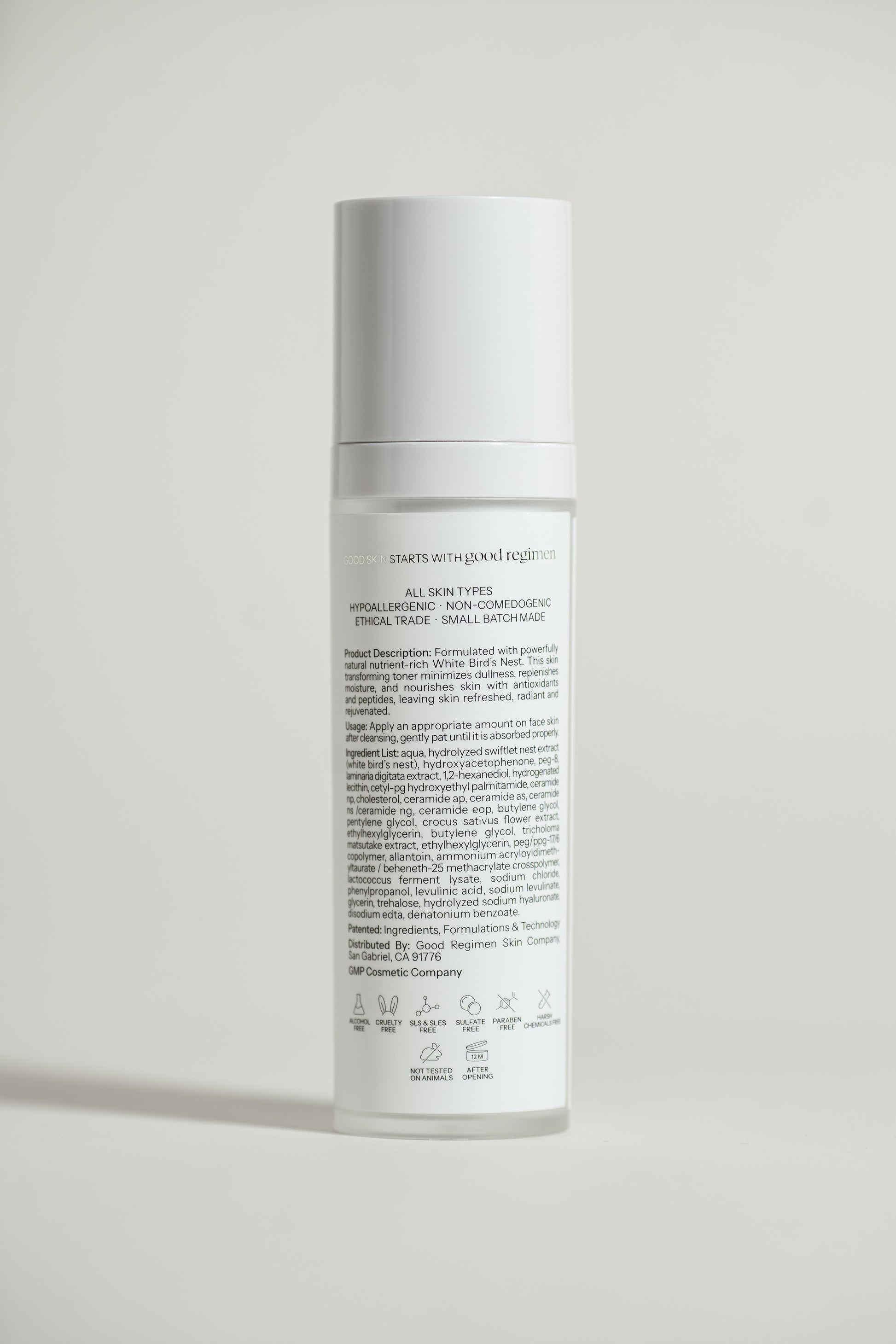 Back label of Good Regimen The Bird’s Nest Toner showing product details, usage directions, ingredients, and skincare icons.