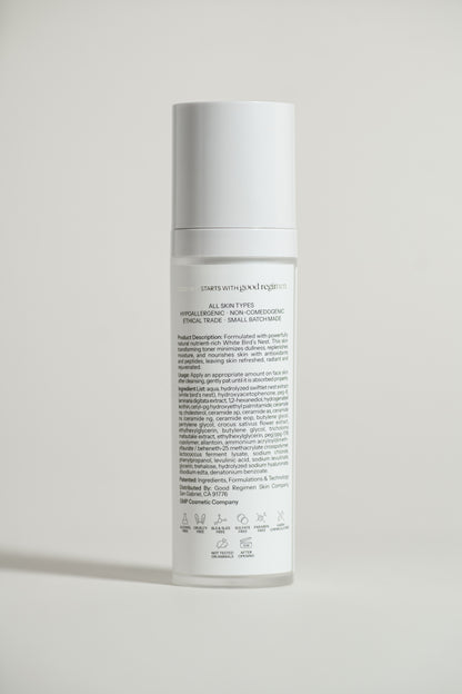 Back label of Good Regimen The Bird’s Nest Toner showing product details, usage directions, ingredients, and skincare icons.