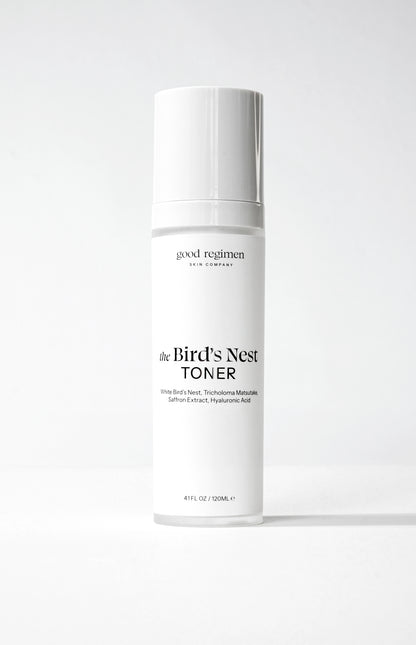 Good Regimen The Bird’s Nest Toner bottle formulated with white bird’s nest, tricholoma matsutake, saffron extract, and hyaluronic acid to hydrate and prep skin.