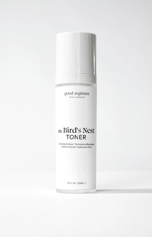 Good Regimen The Bird’s Nest Toner bottle formulated with white bird’s nest, tricholoma matsutake, saffron extract, and hyaluronic acid to hydrate and prep skin.