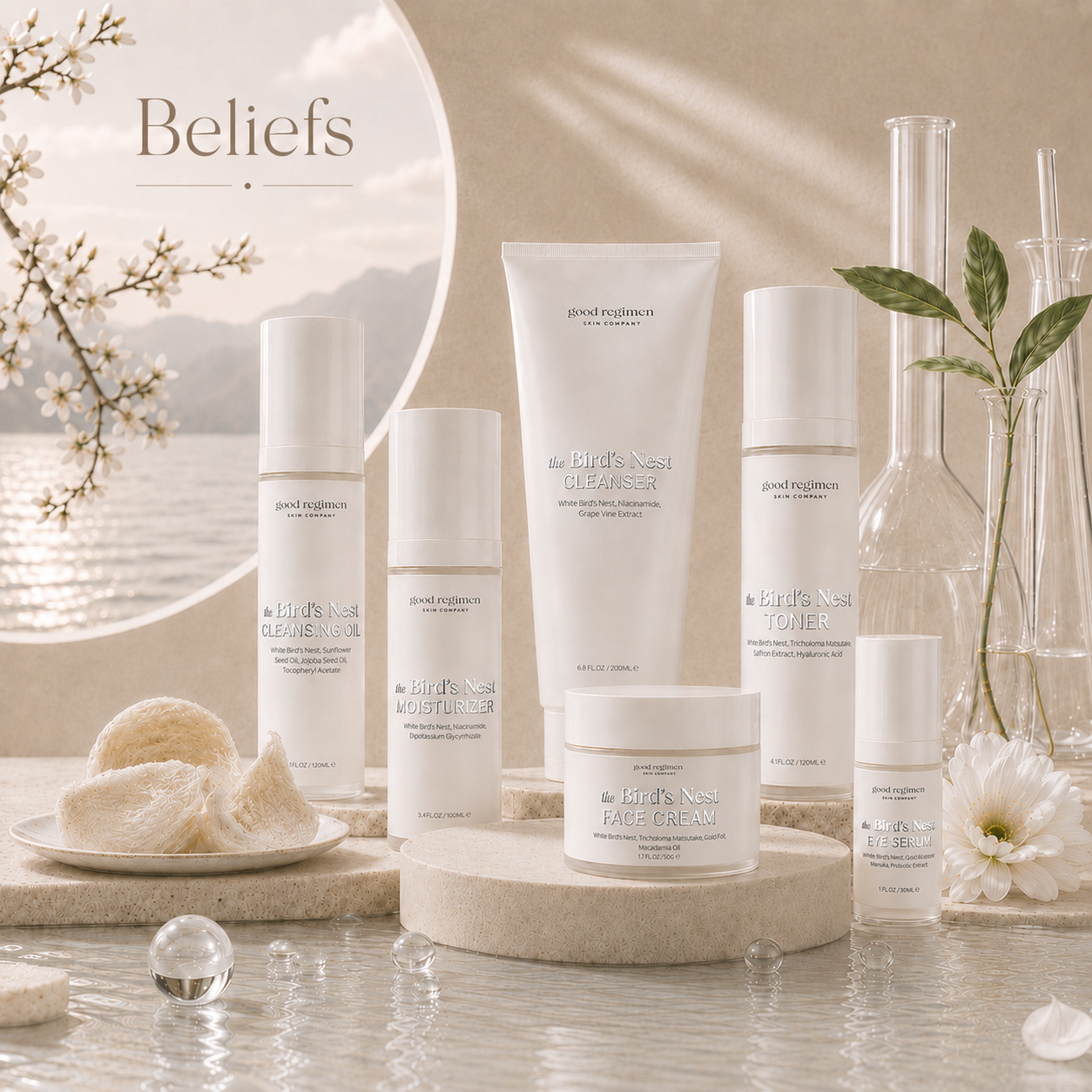 Good Regimen Skin Company Bird’s Nest skincare collection with cleanser, cleansing oil, toner, moisturizer, face cream, and eye serum displayed in a luxury minimalist setting with natural bird’s nest, soft botanical elements, and metallic silver product labels.