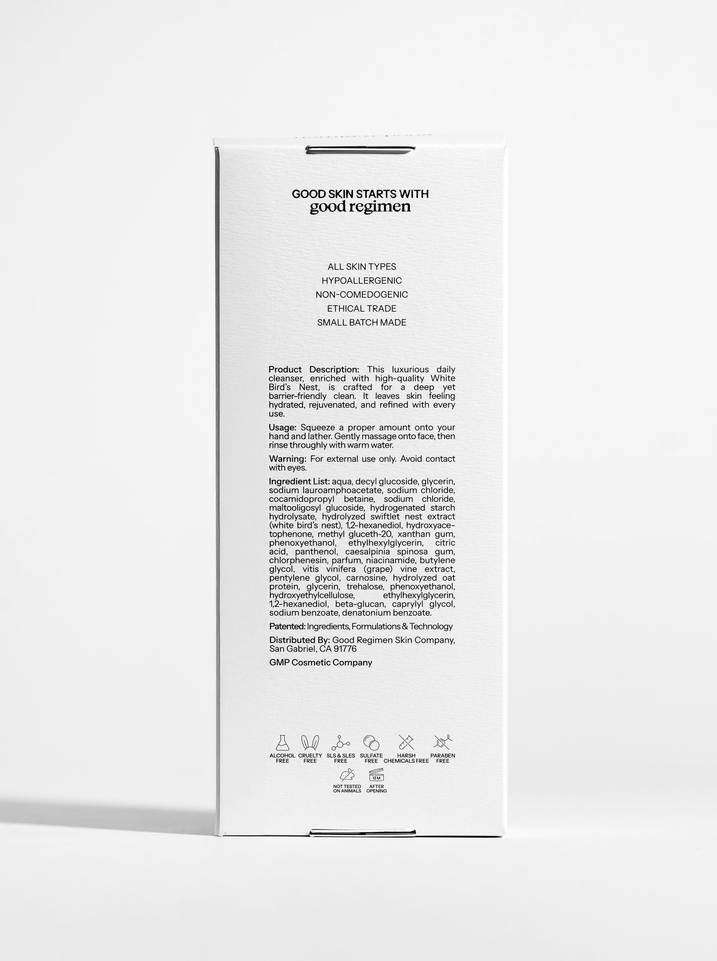 Back of Good Regimen The Bird’s Nest Cleanser packaging showing product details, usage directions, ingredient list, and skincare icons.