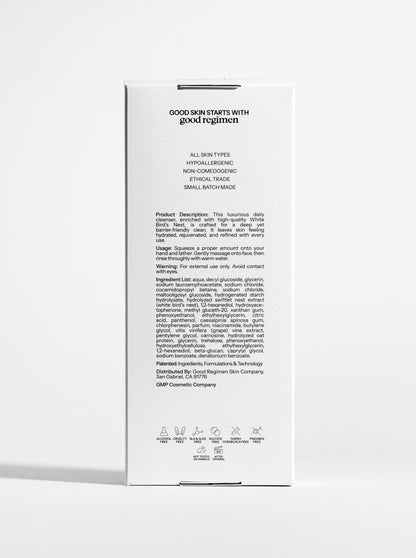 Back of Good Regimen The Bird’s Nest Cleanser packaging showing product details, usage directions, ingredient list, and skincare icons.