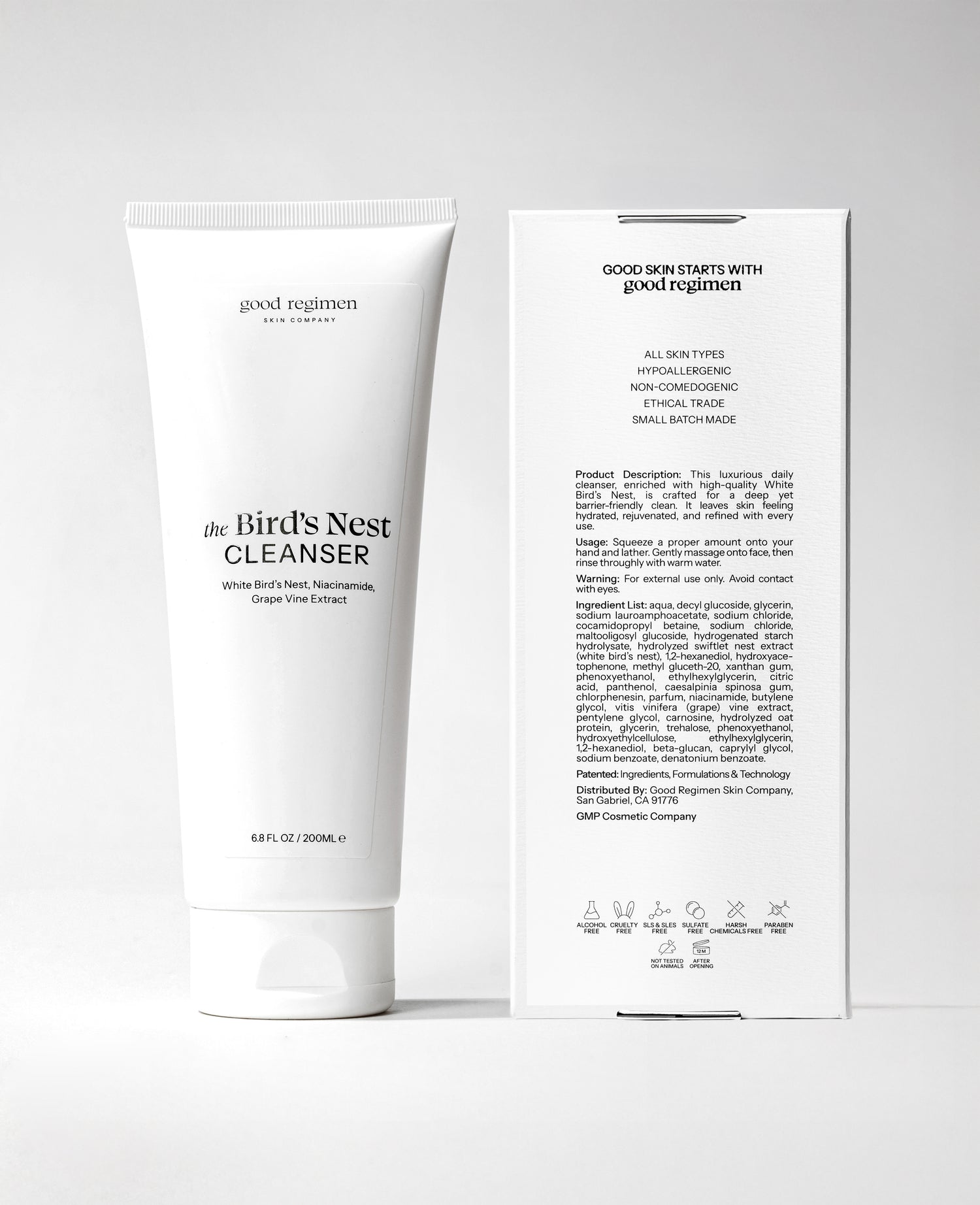 Good Regimen The Bird’s Nest Cleanser with packaging, a gentle facial cleanser formulated with white bird’s nest, niacinamide, and grape vine extract.