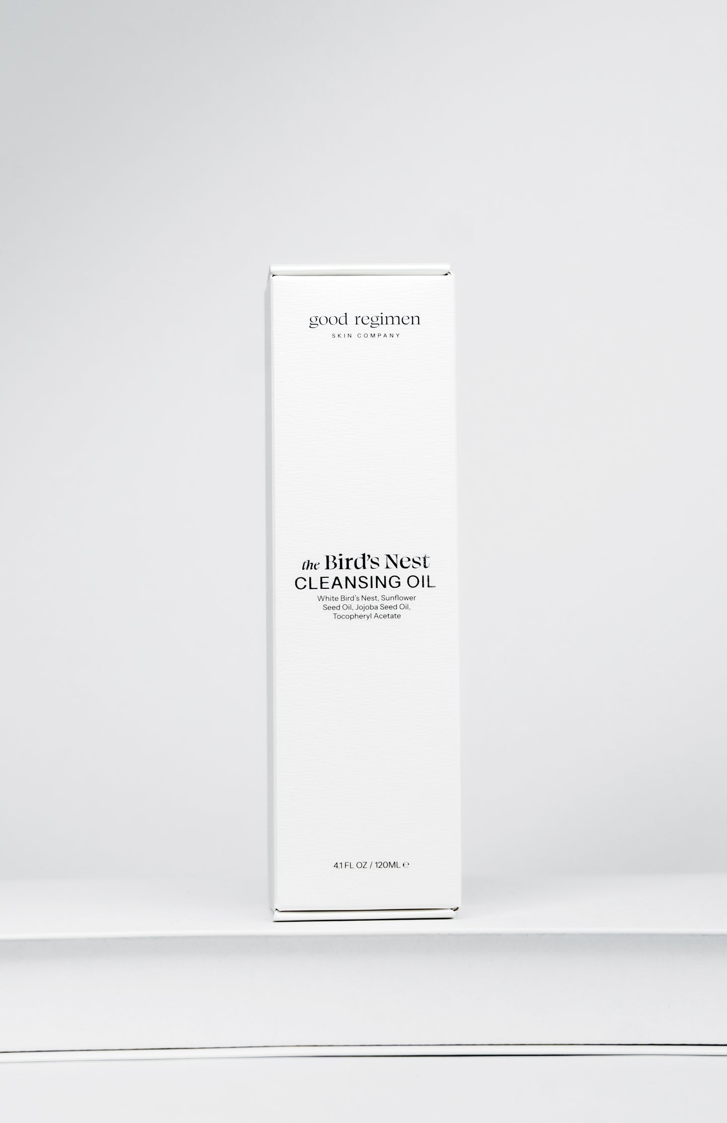 Good Regimen The Bird’s Nest Cleansing Oil front packaging with white bird’s nest, sunflower seed oil, jojoba seed oil, and tocopheryl acetate.