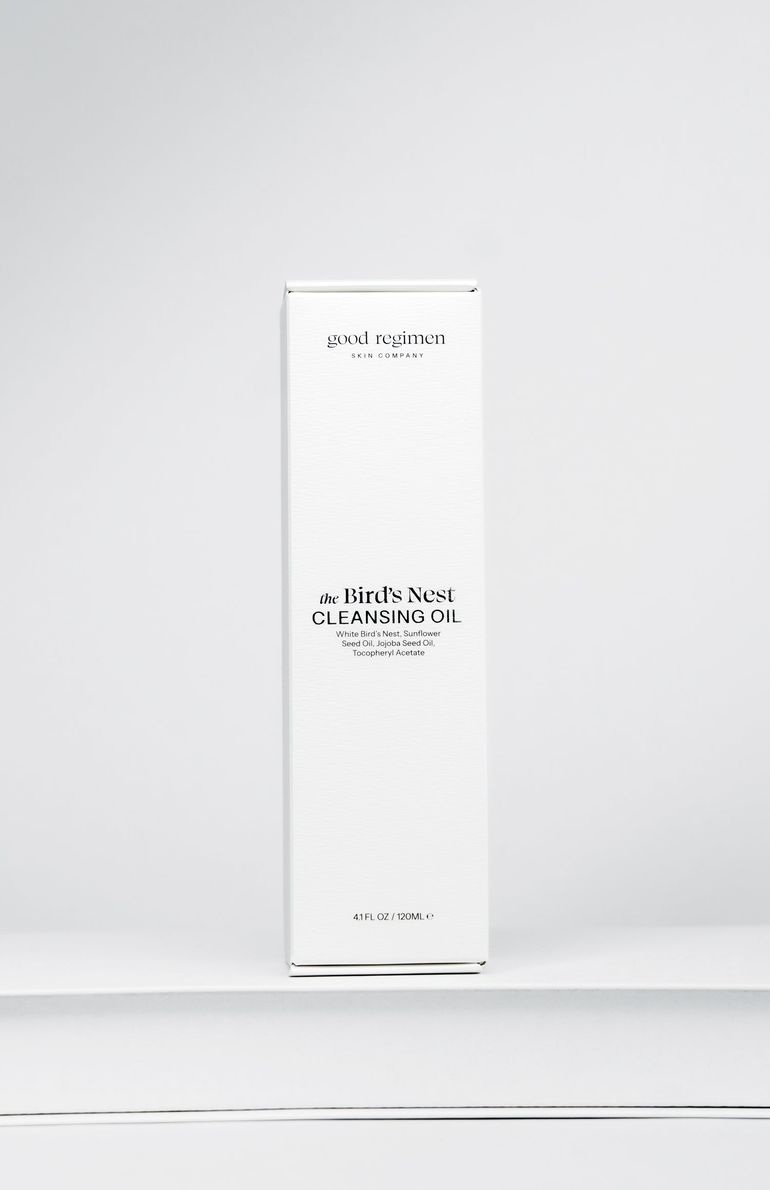 Good Regimen The Bird’s Nest Cleansing Oil front packaging with white bird’s nest, sunflower seed oil, jojoba seed oil, and tocopheryl acetate.