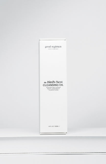Good Regimen The Bird’s Nest Cleansing Oil front packaging with white bird’s nest, sunflower seed oil, jojoba seed oil, and tocopheryl acetate.