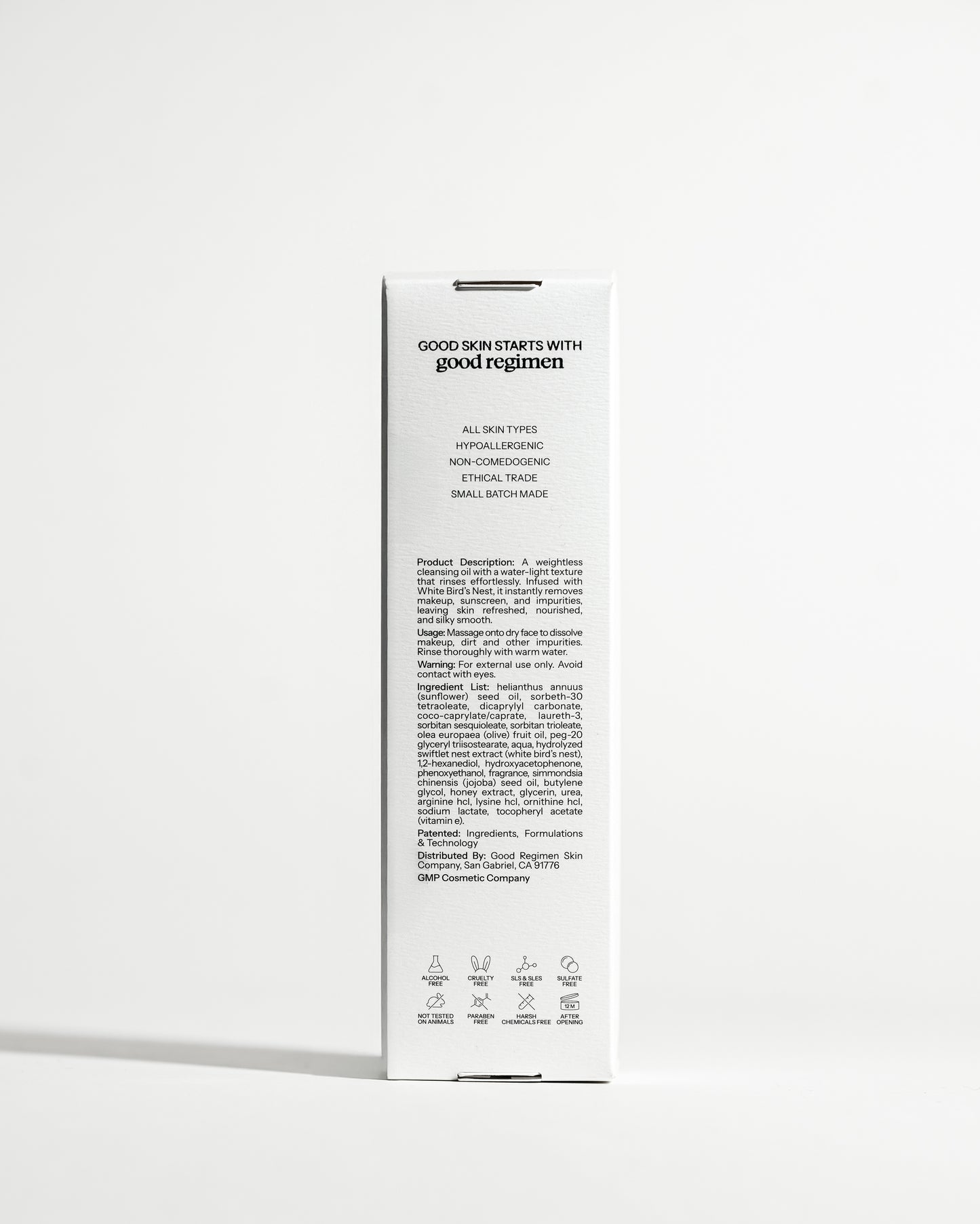 Back of Good Regimen The Bird’s Nest Cleansing Oil packaging showing product details, usage directions, ingredient list, and skincare icons.