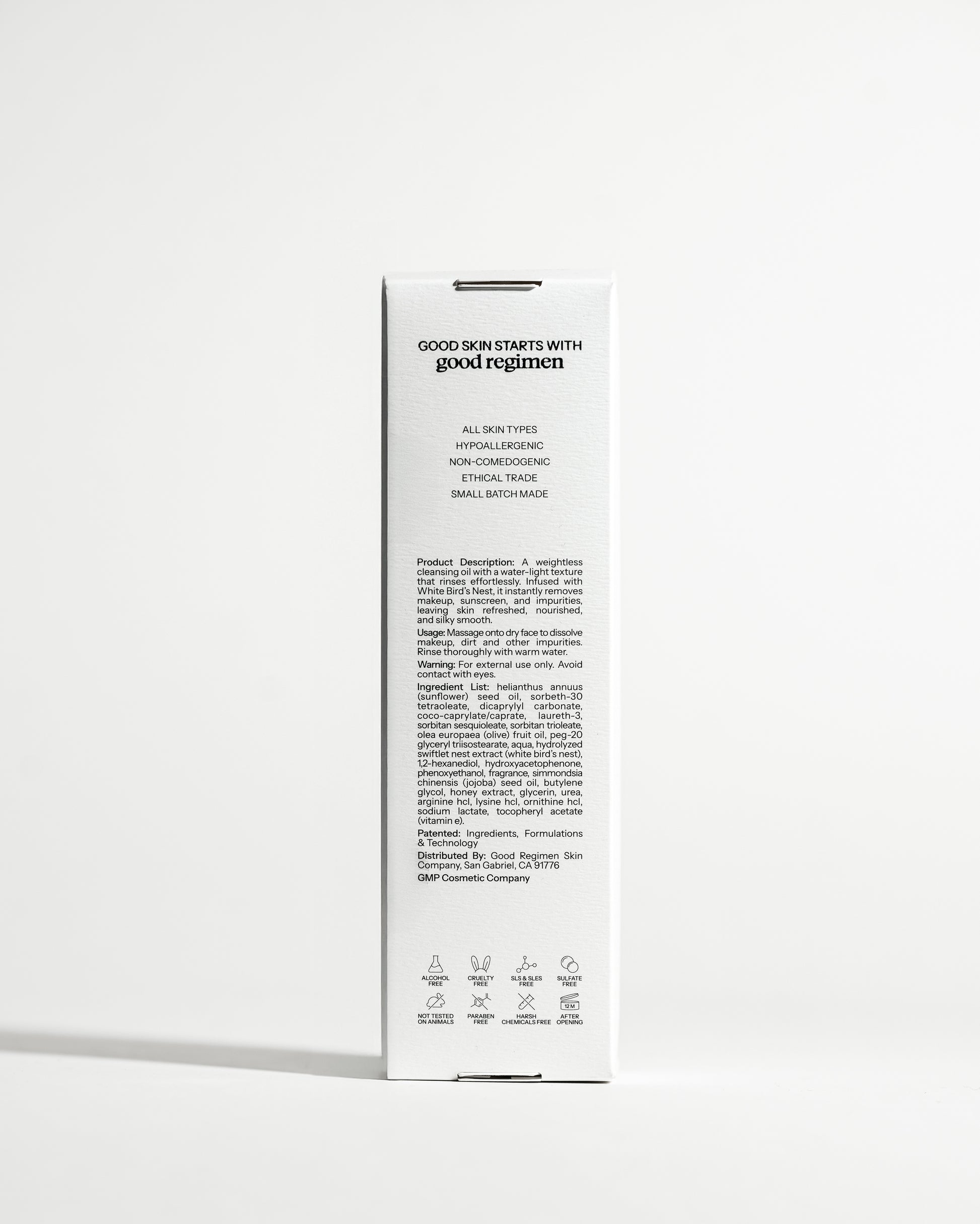 Back of Good Regimen The Bird’s Nest Cleansing Oil packaging showing product details, usage directions, ingredient list, and skincare icons.