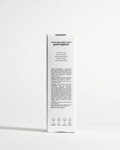 Back of Good Regimen The Bird’s Nest Cleansing Oil packaging showing product details, usage directions, ingredient list, and skincare icons.