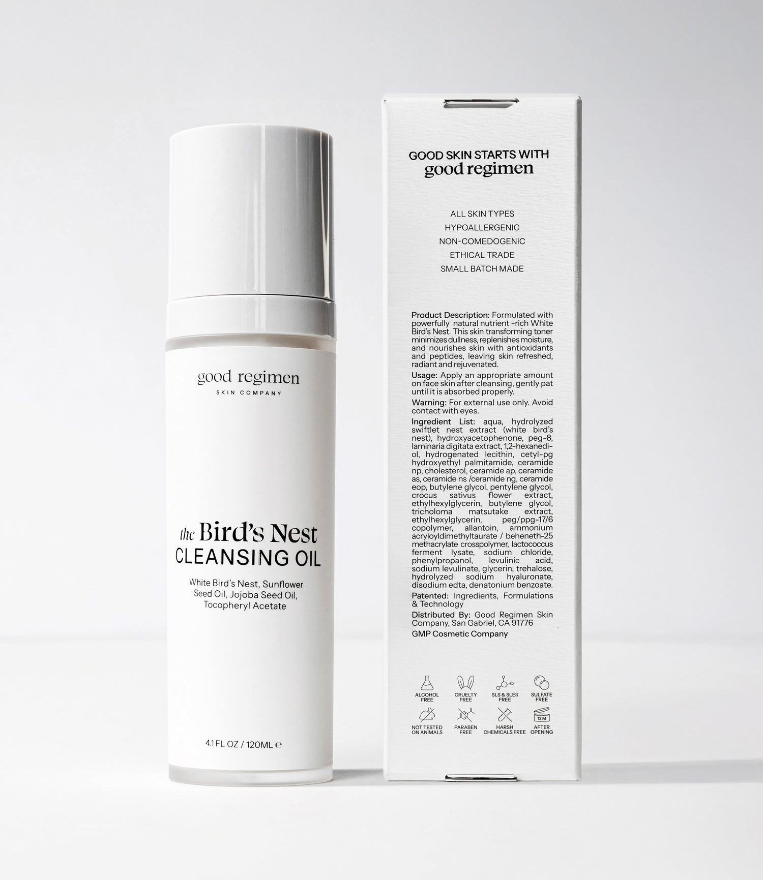 Good Regimen The Bird’s Nest Cleansing Oil with packaging, a lightweight cleansing oil formulated with white bird’s nest, sunflower seed oil, jojoba seed oil, and tocopheryl acetate.